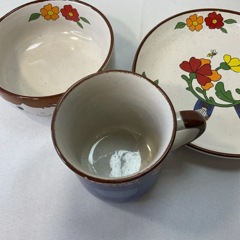 Vintage Childrens Interpur 3‎ pc Stackable Dish Set Cup Bowl Plate Farmer Boy